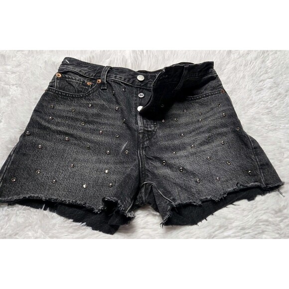 Levi's Black Denim Rhinestone Button Up High-Rise Wedgie Hot Shorts Size 29 - Picture 1 of 12